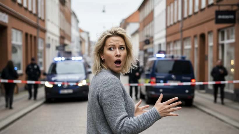 Kvinde i chok på gågade i Aalborg centrum med politiafspærring i baggrunden