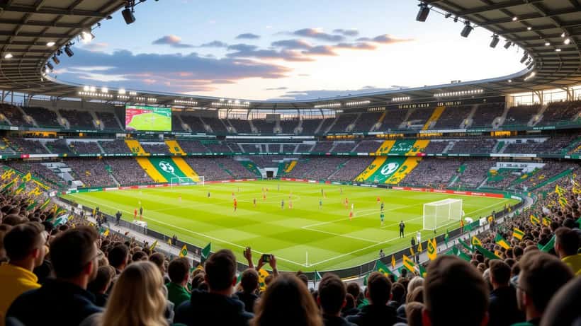 En fullsatt fotbollsarena under Häcken mot Hammarby i Allsvenskan 2026 med publik och ljus