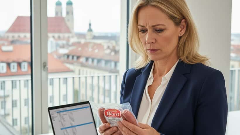 Frau prüft Produktetikett einer zurückgerufenen Wurst bei Aldi — Verbraucherrechte beim Lebensmittelrückruf