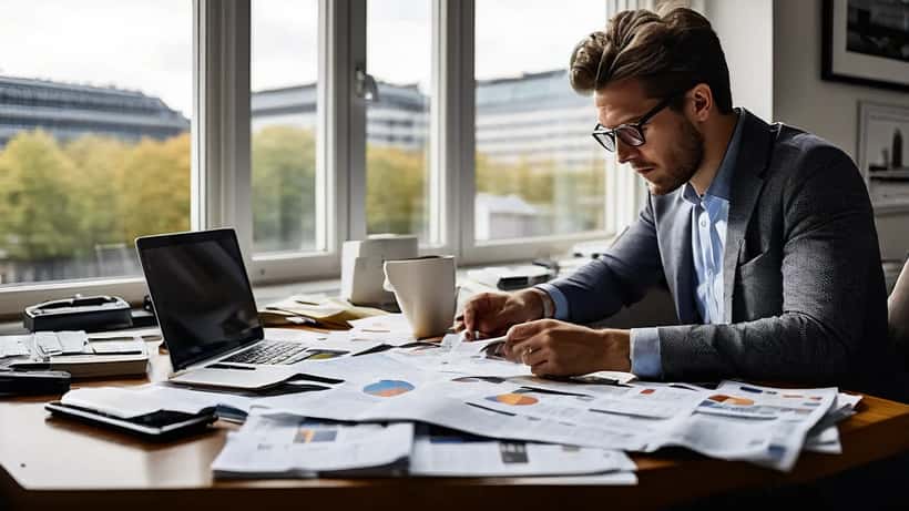 Finansiel rådgiver ved skrivebord med investeringsplaner og fodboldstøvler