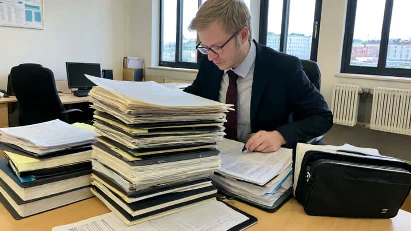 Suomalainen asianajaja tutkii GDPR-asiakirjoja Helsingin toimistossa, henkilötietosuoja ja tietosuojalaki