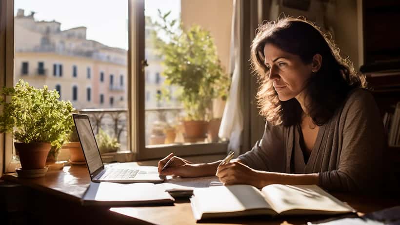 Donna adulta che studia a casa con libri e laptop