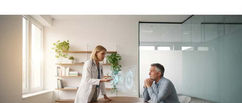 Deutscher Arzt im Gespräch mit einem Patienten über psychische Gesundheit in einer modernen Praxis