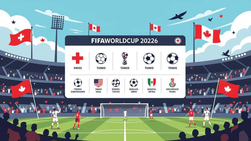 Tableau du calendrier des matches de la Coupe du Monde 2026 avec drapeaux suisses et stades nord-américains