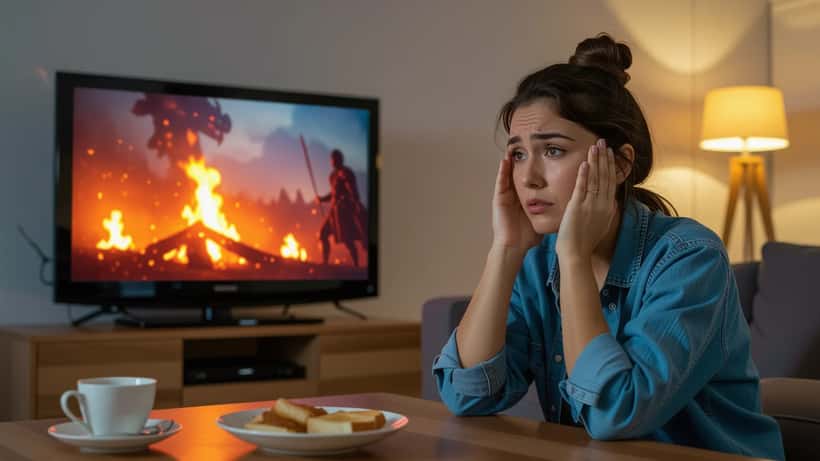 Mulher brasileira assistindo House of the Dragon na TV com expressão de angústia em apartamento de São Paulo