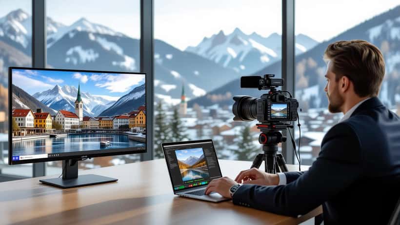 Mann richtet ServusTV live Stream auf Smart TV in modernem österreichischem Wohnzimmer ein