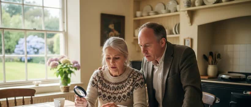 British couple reviewing insurance documents at home table with worried expressions