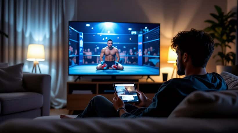 Man kijkt 's nachts op een laptop naar een illegale vechtsportstream vol verdachte pop-ups en een creditcardformulier
