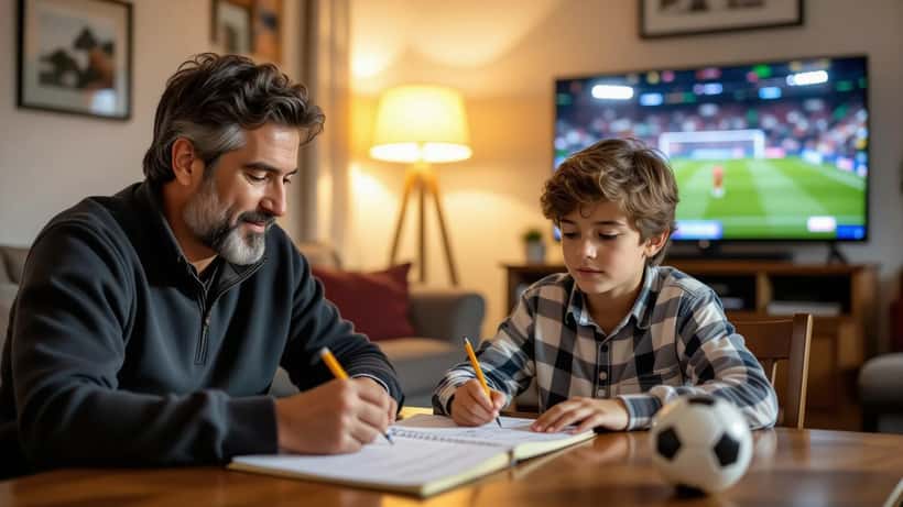 Padre e hijo analizan estadísticas de un partido de fútbol en un cuaderno frente al televisor