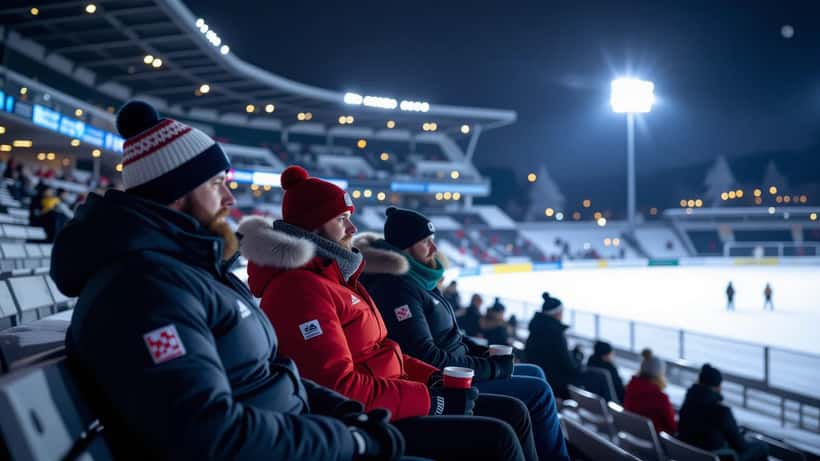 Suomalaisia jalkapallofaneja talvivaatteissa ulkokatsomossa kylmänä lokakuun iltana