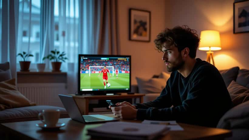 Man watching a glitchy soccer stream on a laptop with malware pop-up warnings at night