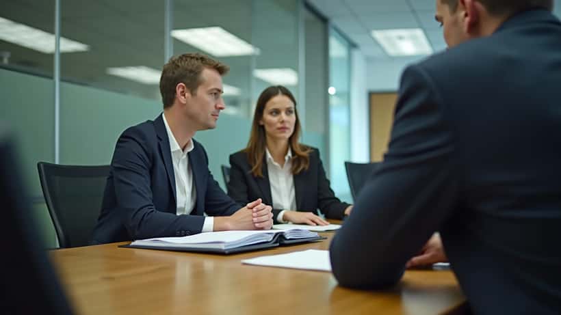 Employment lawyer reviewing workplace harassment case documents in office