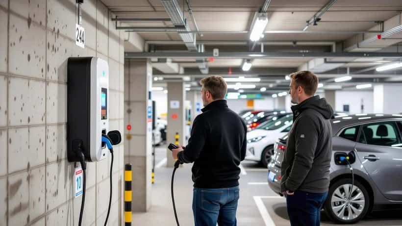 Homme examinant une borne de recharge électrique dans un parking souterrain d'immeuble résidentiel