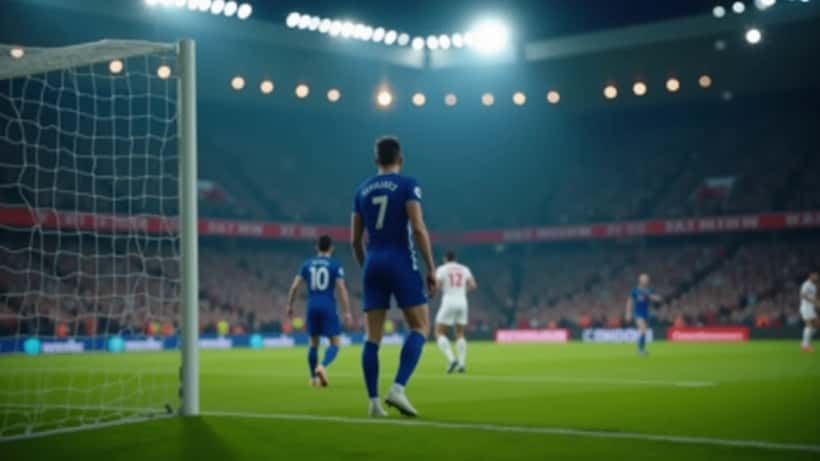 Footballer taking a penalty kick at a floodlit English Championship stadium