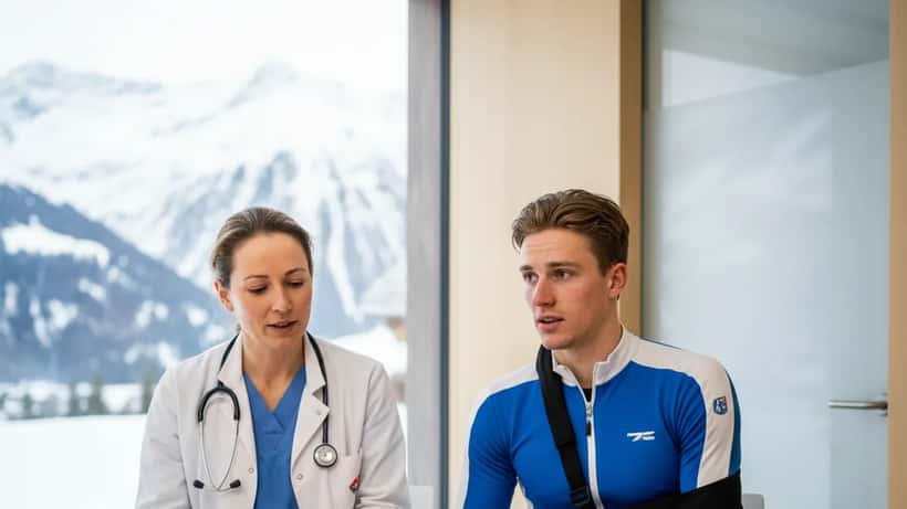 Jonge sporter met schouderblessure in gesprek met sportarts na skiongeluk