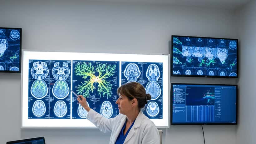 Neurologue française examinant des IRM cérébrales dans une clinique spécialisée Parkinson à Paris