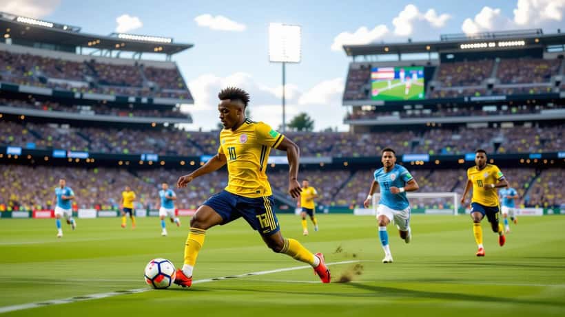 Daniel Muñoz, lateral da Colômbia, em ação na Copa do Mundo 2026 no Arrowhead Stadium em Kansas City