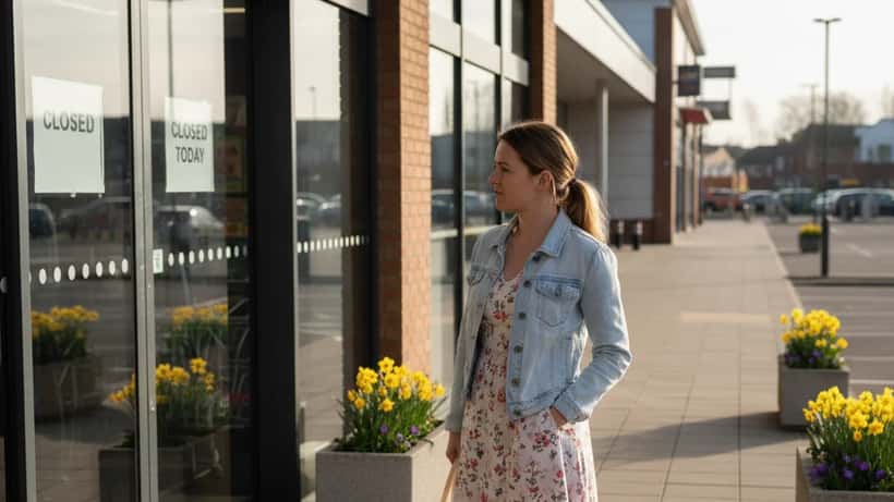 Woman checking supermarket closed sign on Easter Sunday morning in England — UK Sunday Trading Law explained