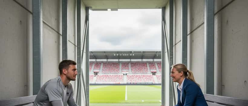 Fußballtorwart im Gespräch mit Sportpsychologen in einem deutschen Stadion