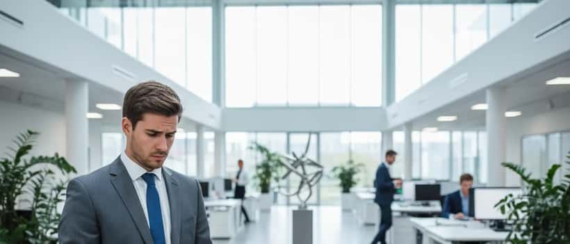 Berufstätiger schaut besorgt auf Smartphone in modernem Büro