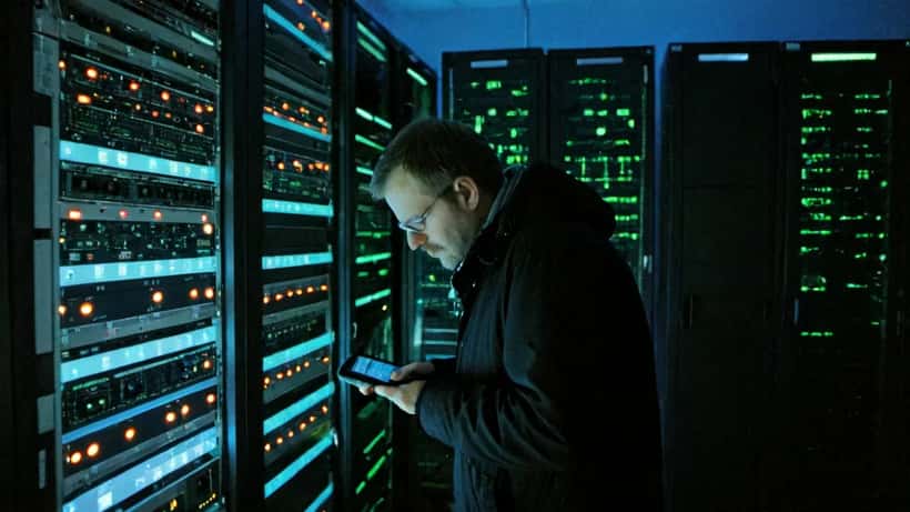 IT-tietoturva-asiantuntija palvelinhuoneessa tarkastelemassa kyberturvallisuutta