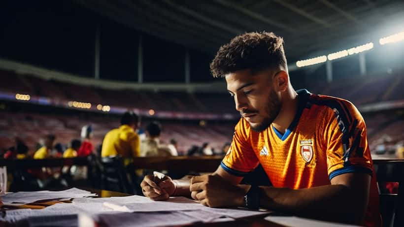 Jogador de futebol brasileiro revisando contrato na arquibancada de arena indoor com iluminação LED