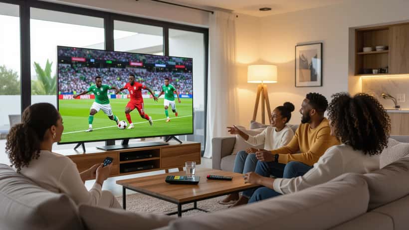 Smart TV mostrando el partido Senegal vs Irak 2026 en un salón con dispositivos de streaming