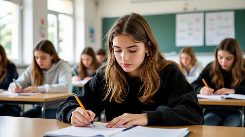 Schülerin schreibt Mathematik-Zentralmatura 2026 in österreichischem Gymnasiums-Prüfungssaal