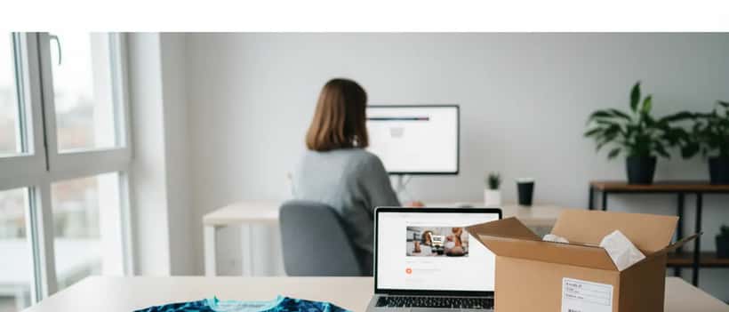 Dunkelblaues DFB-Trikot 2026 neben einem Lieferpaket und einem Laptop