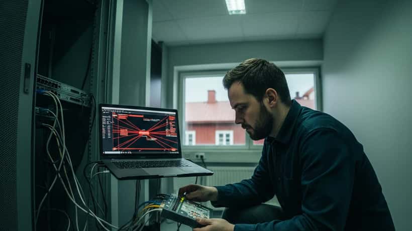 IT-tekniker undersöker en router med flera nätverkskablar i ett serverrum, laptop visar nätverksskanningsresultat med varningar