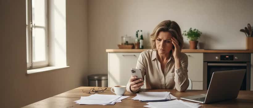 Femme inquiète au téléphone face à un démarchage abusif