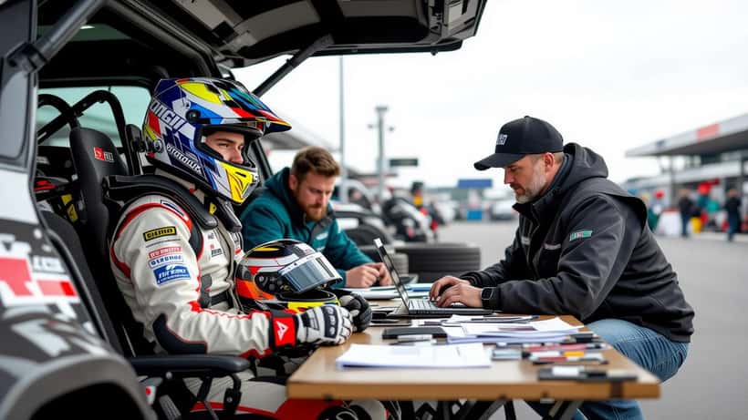 Teenage go-kart racer beside his kart in a karting paddock as his father checks costs on a laptop