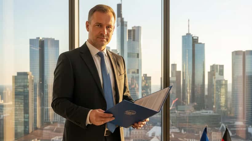 Deutscher Anwalt analysiert EU-Unterlagen zur Ungarn-Wahl 2026 in einem Frankfurter Büro