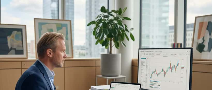 Svensk finansiell rådgivare granskar bolånehandlingar och räntegrafer på dator i ljust kontor