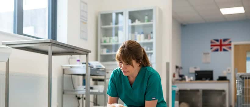 British vet examining a rescue dog at a Dogs Trust rehoming centre