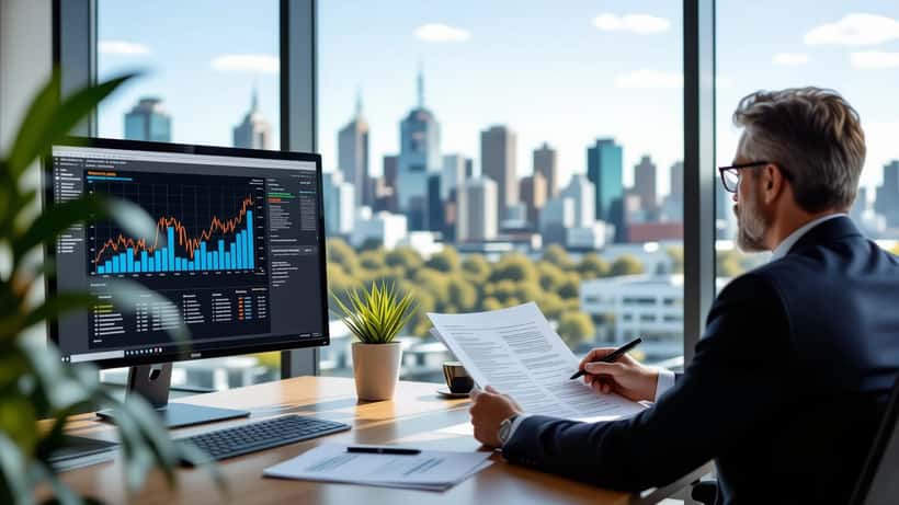 Australian professional reviewing superannuation performance documents at desk with financial reports
