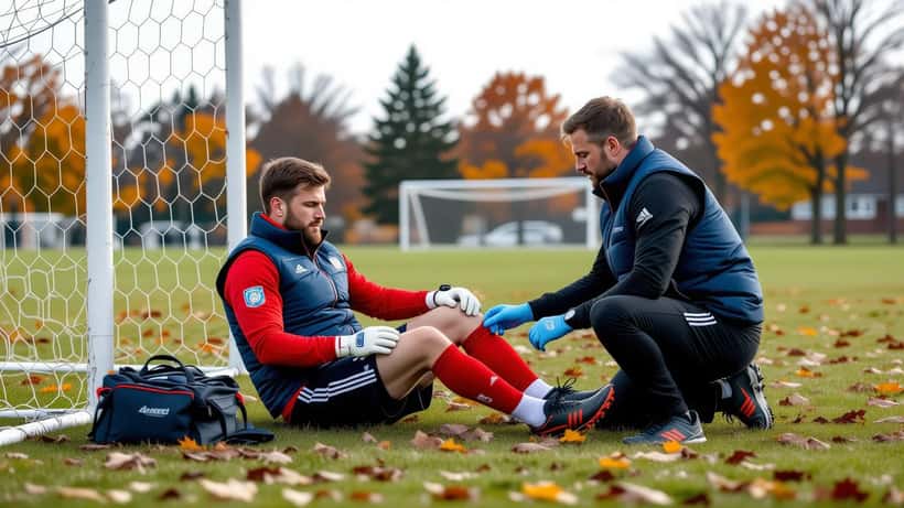 Soccer player clutching ankle on a community pitch in Toronto while a physiotherapist examines the injury in fall 2026