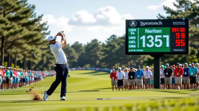 Professional golfer mid-swing at PGA Tour championship, electronic leaderboard visible in background