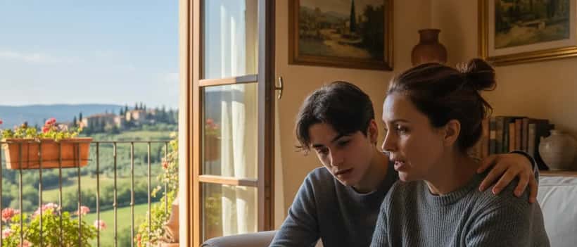 Genitore italiano in una conversazione empatica con il proprio figlio adolescente in casa