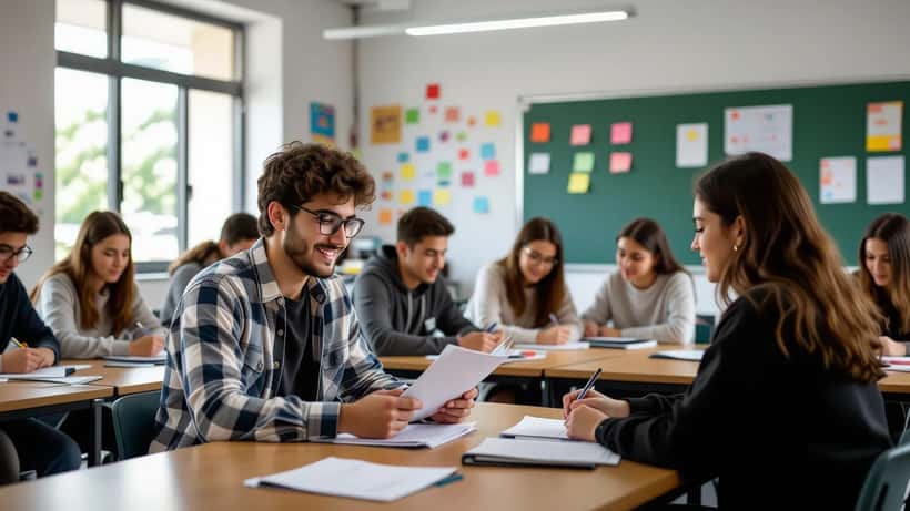 Adolescente ansioso sobre folha de exame MACS 2026 em sala de aula portuguesa