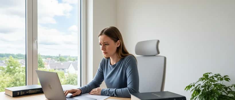 Person am Schreibtisch mit besorgtem Blick auf Laptop, Rechtsdokumente, deutsches Heimbüro
