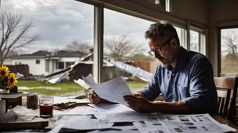 Financial advisor reviewing homeowners insurance policy with tornado damage visible outside window in suburban Kansas