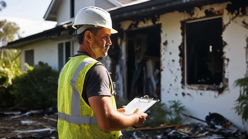 Home inspector examining fire-damaged house exterior in Brisbane suburb after Acacia Ridge house fire