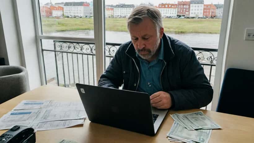 Dansk mand gennemgår bankkontoudtog ved køkkenbord med lotteri-sedler og regninger foran sig