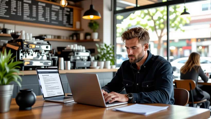 Australian small business owner reviewing music licensing documents on laptop in café