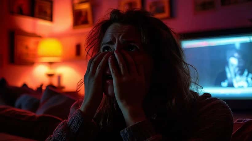 Mulher assistindo filme de terror no escuro com expressão de ansiedade e mãos cobrindo o rosto