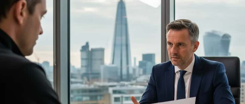 British employment lawyer reviewing a football manager's contract in a professional London office