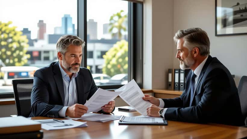 Criminal defense lawyer reviewing case documents with client in a Sydney law office
