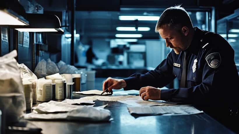 Lögreglumenn skoða haldlagt kókaín á sönnunargagnaborði á lögreglustöð