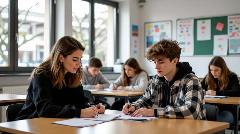 Insegnante di sostegno aiuta studente con autismo su tablet in classe di liceo milanese